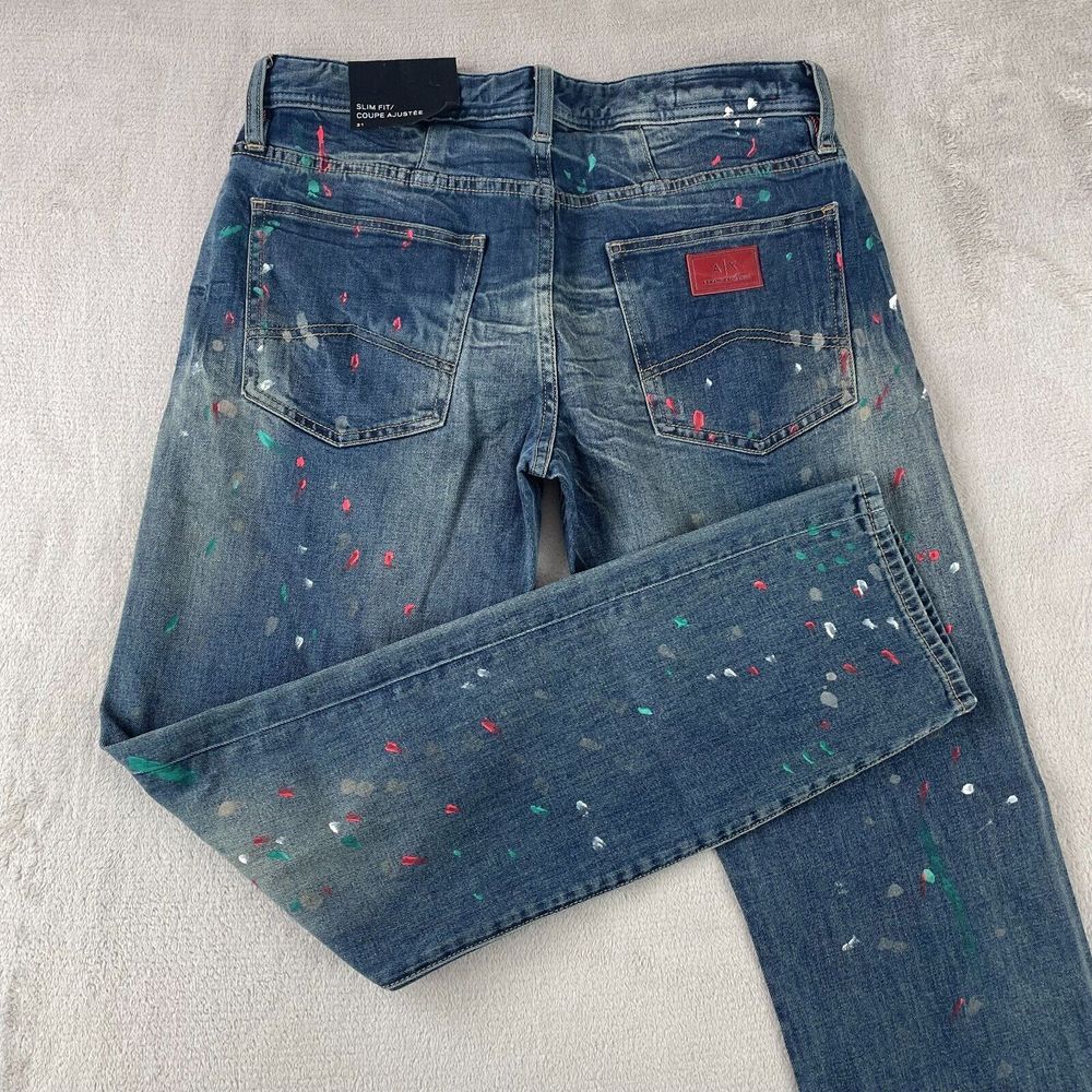 Armani Exchange Jeans Men 31x32 Blue Paint Splatter Slim Fit Designer NWT